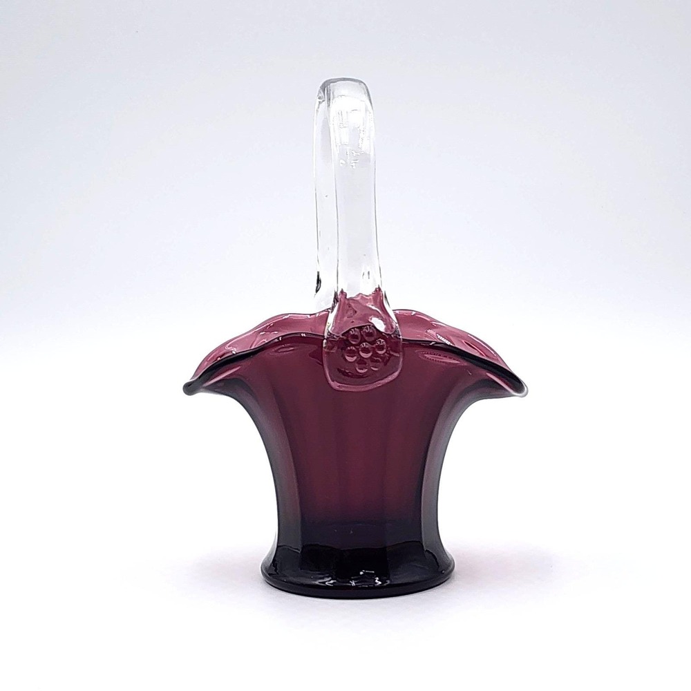 Mosser Amethyst Purple Glass Mini Basket Clear Handle Embossed M 7.5in Repaired